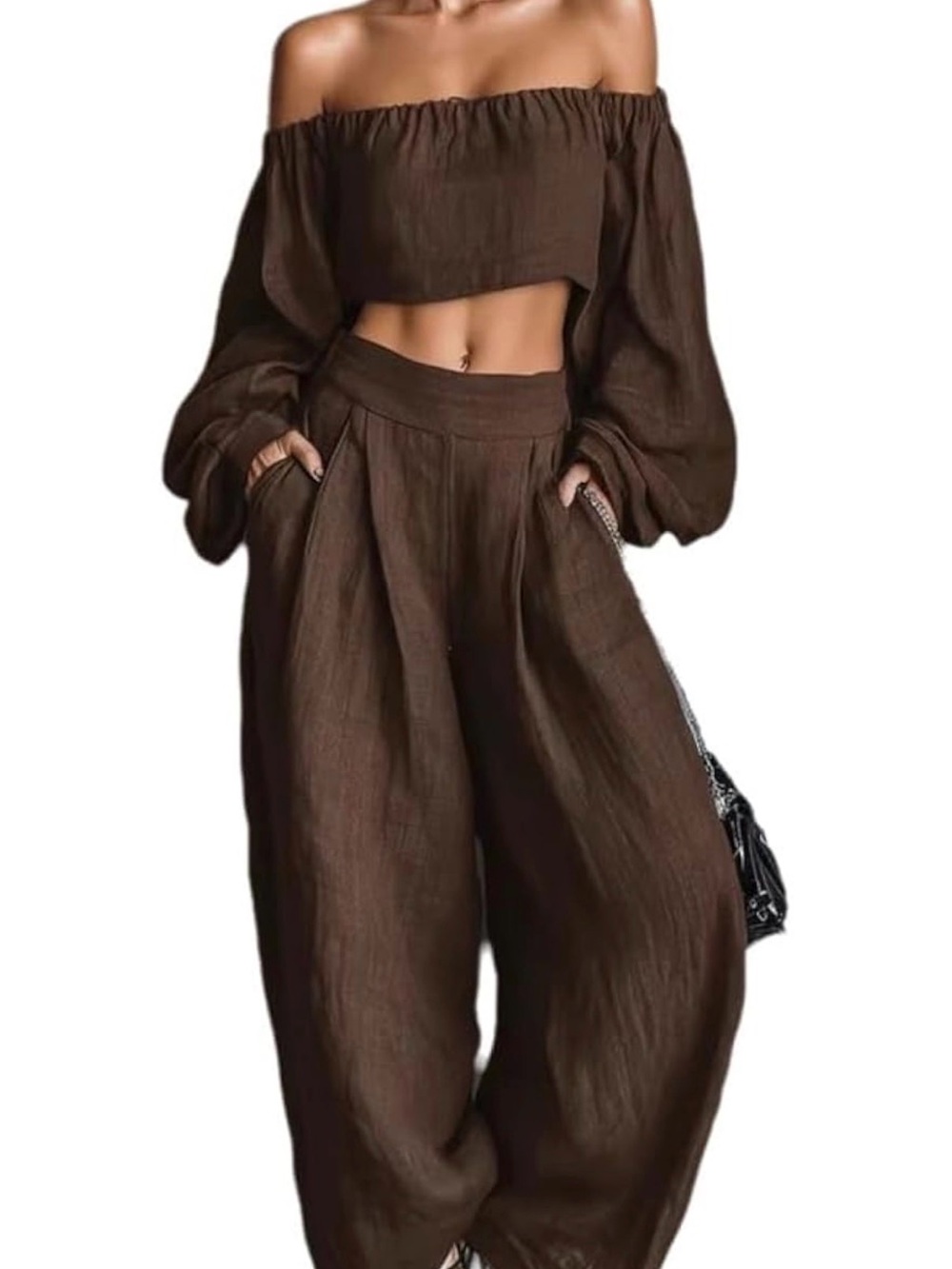 Off-Shoulder Wide Leg Two-Piece Set - Brown